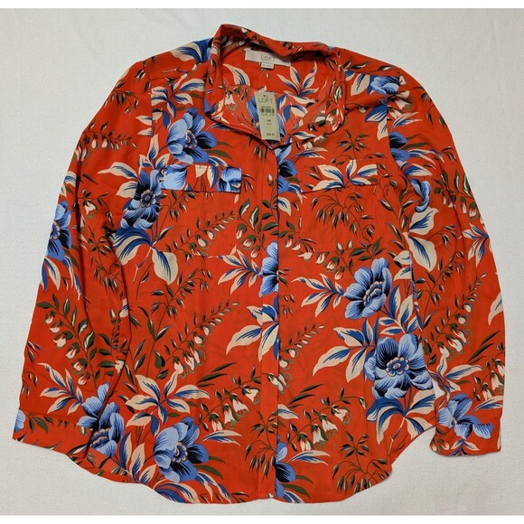 Ann Taylor LOFT Orange Floral Roll Up Sleeve Blouse Sz MP Petite Hidden Buttons - Picture 2 of 11